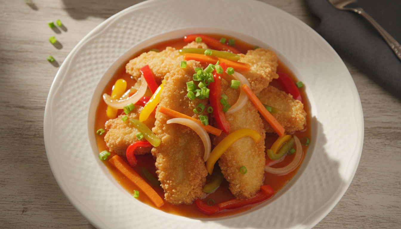 Hidangan lezat Dory Lokal Fillet Asam Manis yang baru matang, disajikan dengan saus merah cerah dan sayuran segar.