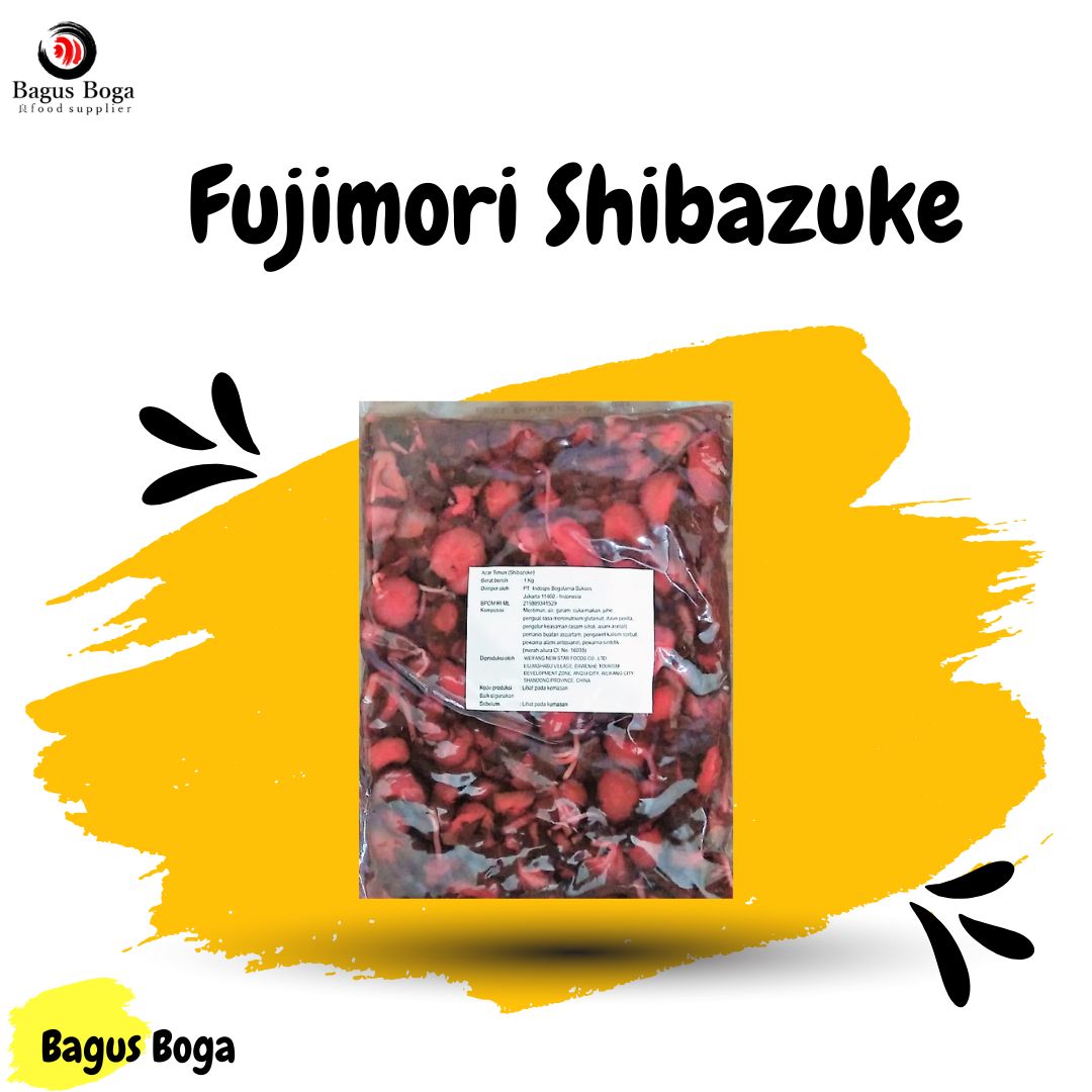Fujimori Shibazuke 1 Kg, acar Jepang ungu tradisional yang disajikan sebagai pelengkap hidangan nasi dengan salmon panggang, menunjukkan warna ungu khasnya.
