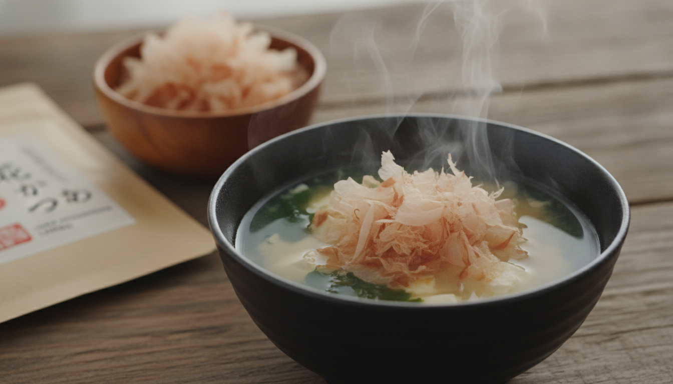 Semangkuk sup miso hangat dengan taburan Katsuobushi Lokal Hana yang melimpah, menunjukkan cita rasa umami autentik.