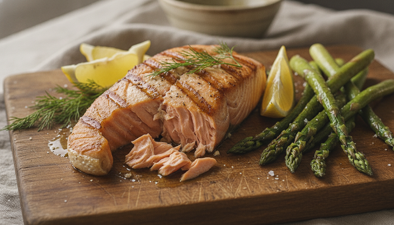 Potongan tebal Salmon Fillet Premium Beku yang segar dan siap dimasak di atas talenan kayu dengan irisan lemon dan rempah-rempah.