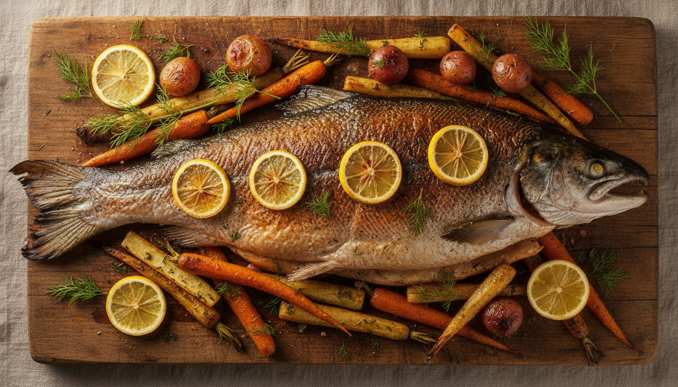 Hidangan lezat Salmon Utuh Norwegia panggang utuh dengan lemon dan dill di atas talenan kayu.